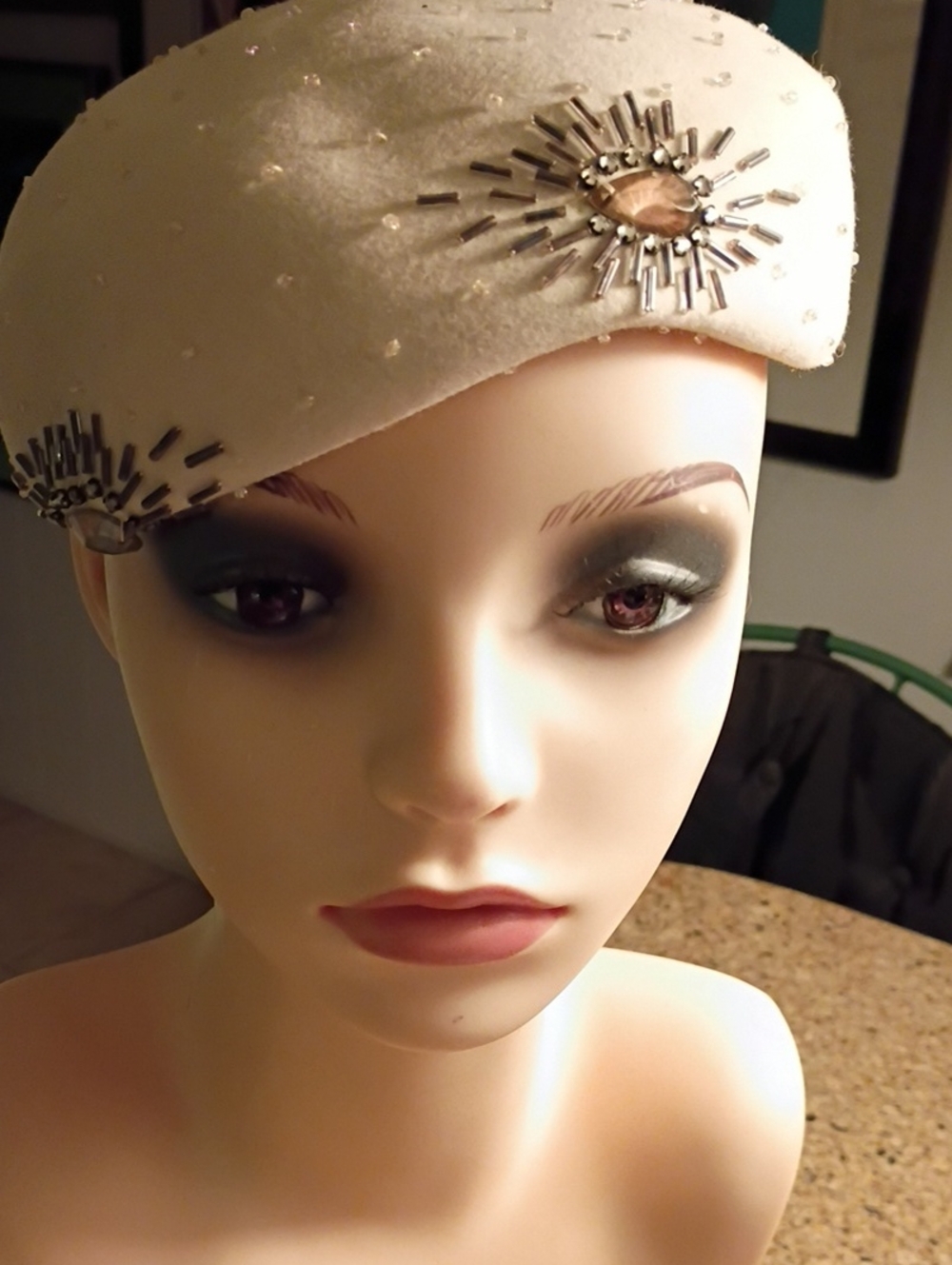 Guaranteed Vintage Evelin Brandt Cream Pillbox Hat with Beaded Sunburst Accents